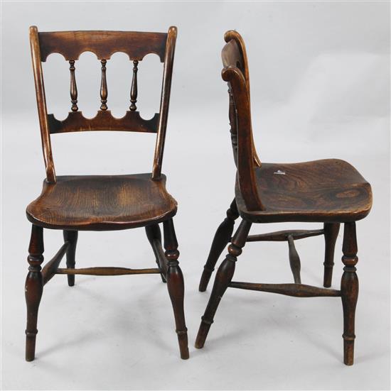 A set of six early Victorian elm and fruitwood cottage dining chairs, W.1ft 7in. H.2ft 7in.